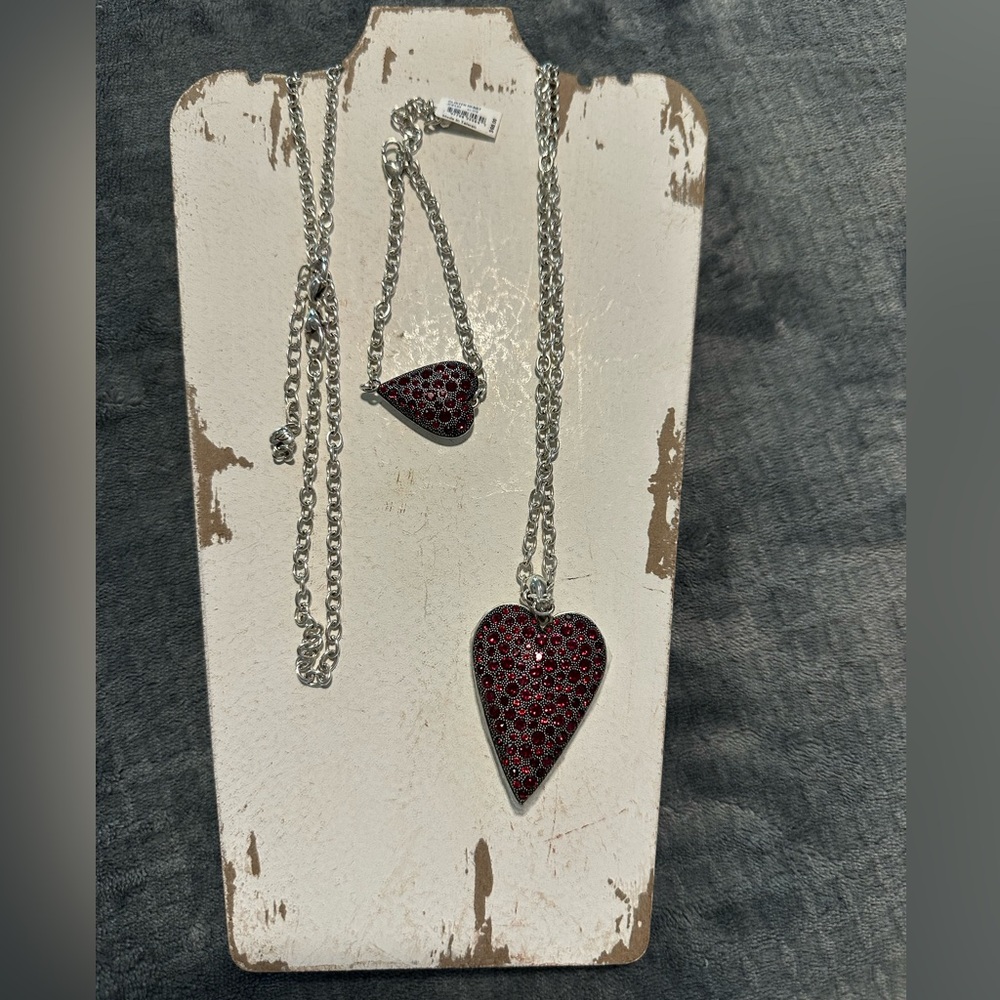 Brighton 36 inch necklace and matching bracelet heart shaped with red crystals